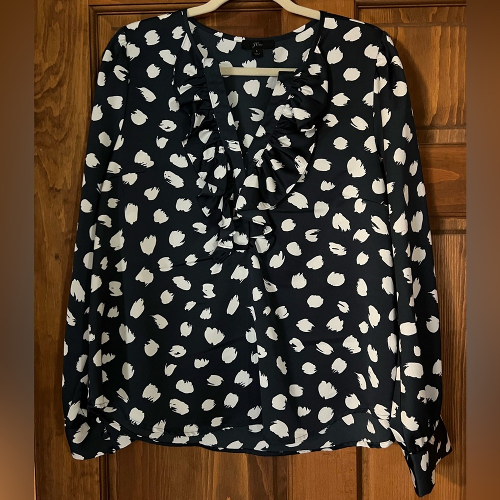 J. Crew Navy and White Ruffle Blouse
